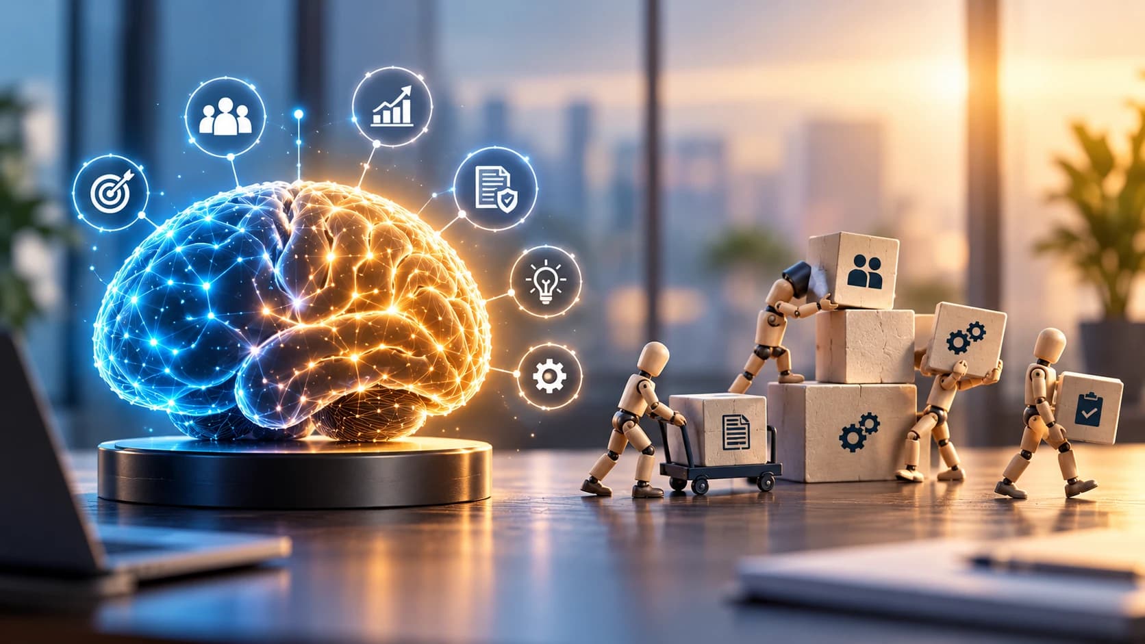 Glowing brain linked to HR icons beside wooden figures carrying blocks, contrasting HR expertise with HR tasks