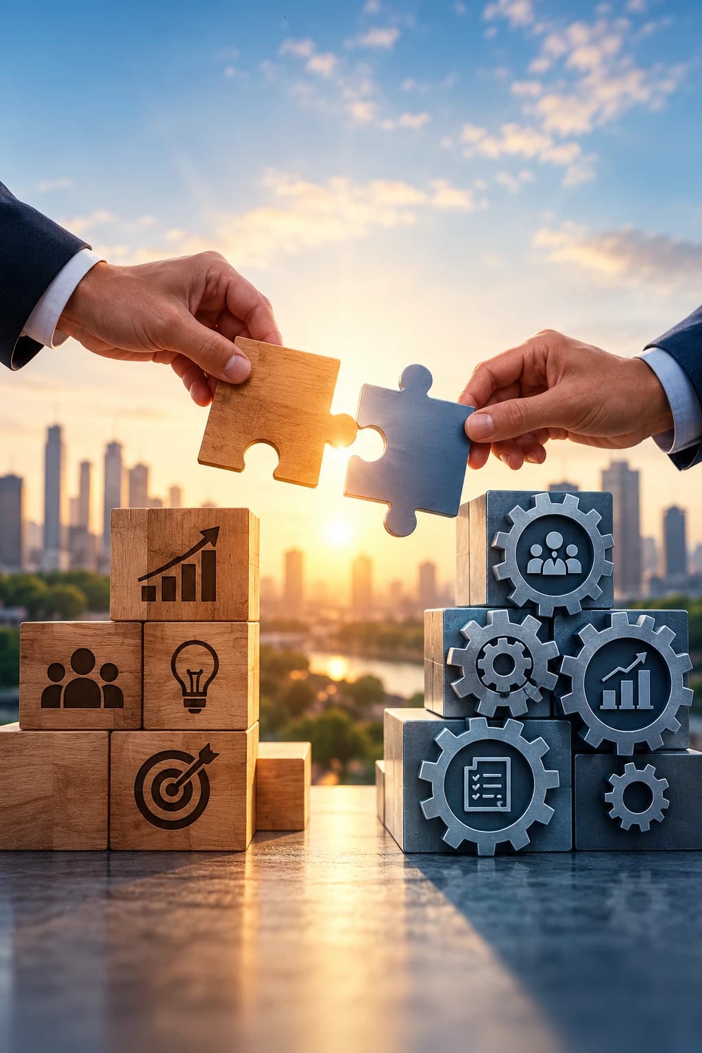Two business partners joining puzzle pieces above blocks marked with growth, team and process icons