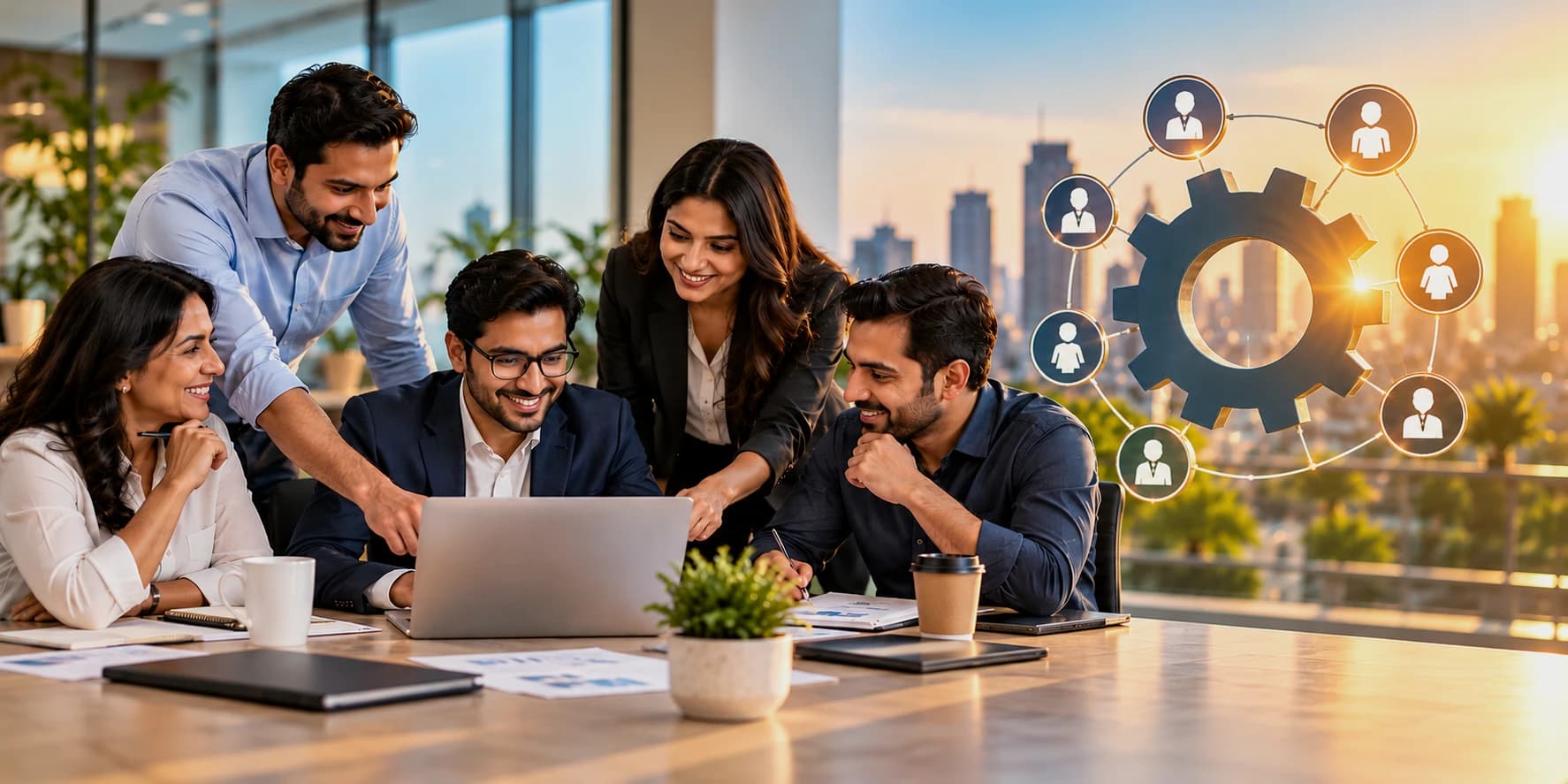 HR team collaborating around a laptop, beside a gear linked to a network of people icons