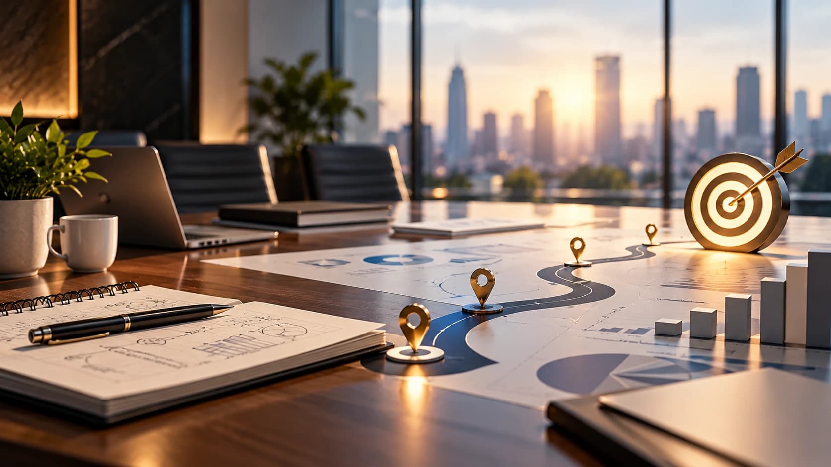 Boardroom table with a strategy roadmap of milestone pins leading to a target, beside rising bar charts