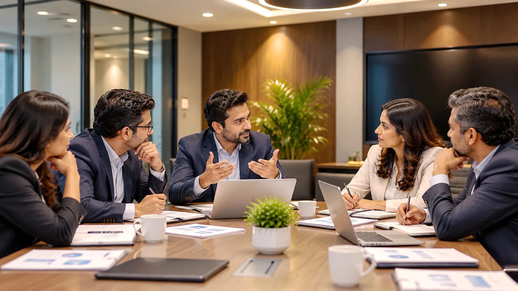 Consultant leading a discussion with a leadership team around a boardroom table