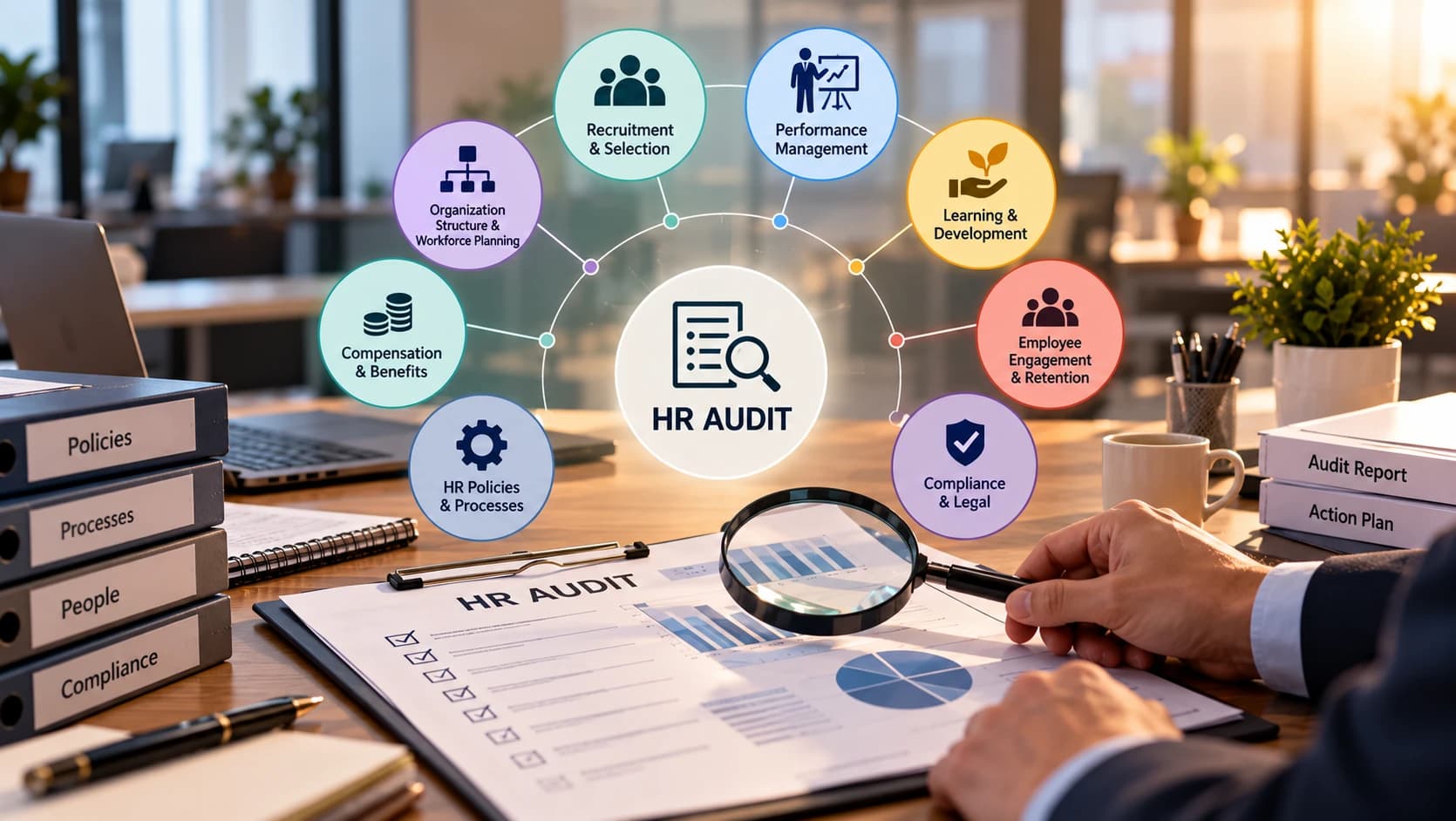 HR audit checklist under a magnifying glass, surrounded by the eight audit areas from recruitment to compliance