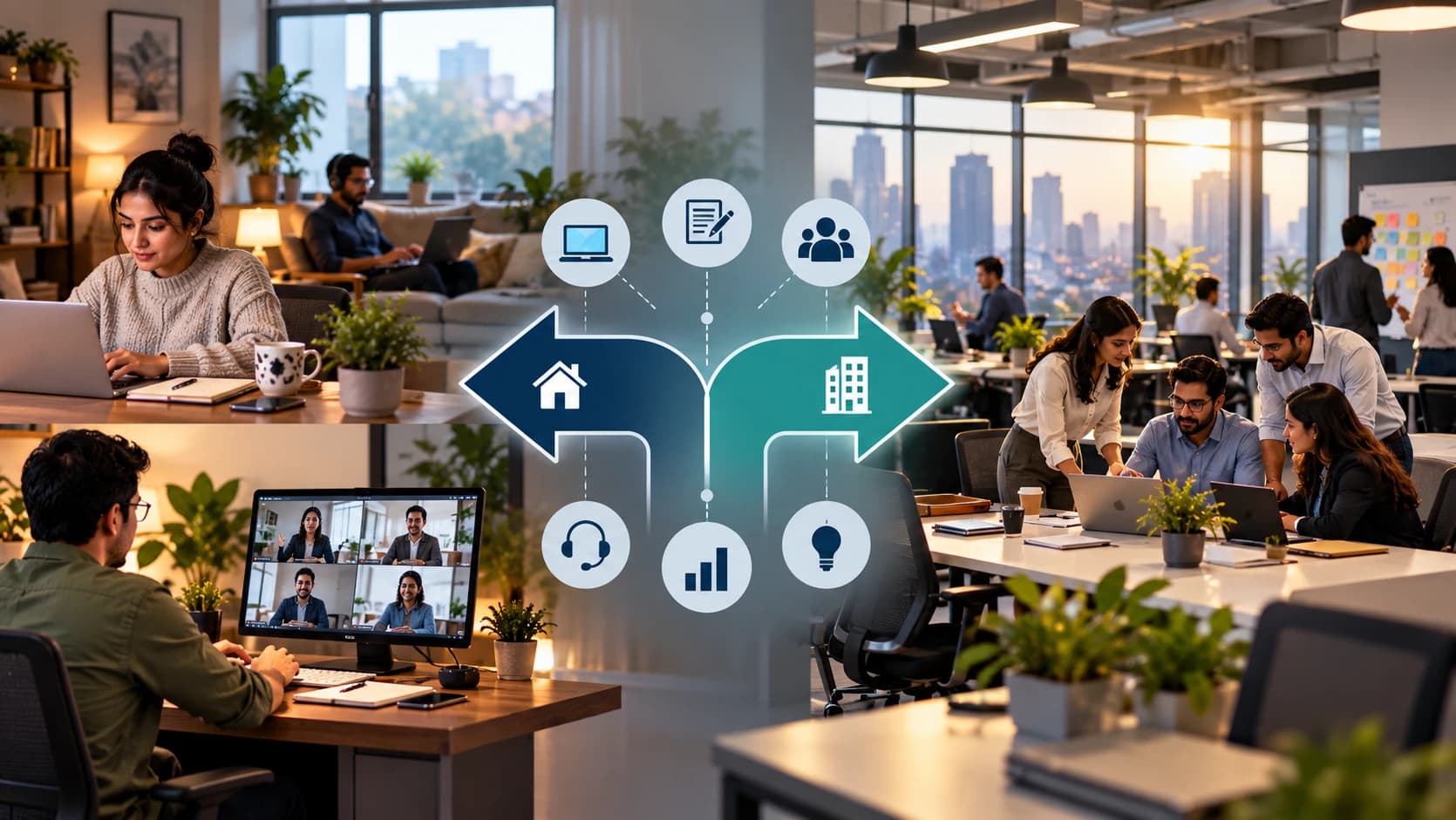 Split scene of employees working from home and collaborating in the office, joined by arrows and work-activity icons