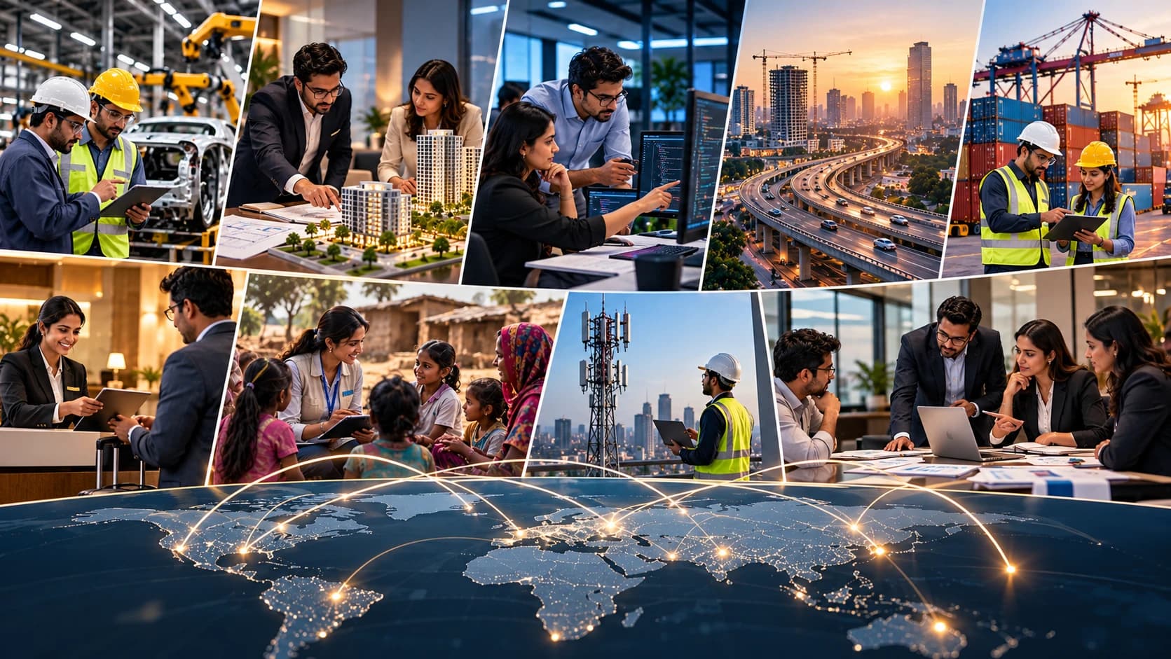 Collage of HHRS sectors: manufacturing, real estate, IT, infrastructure, logistics, hospitality, NGOs, telecom and corporate teams above a connected world map